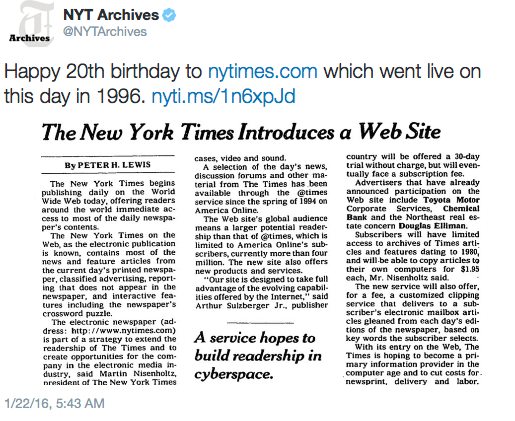 Paper to Pixels: nytimes.com turns 20