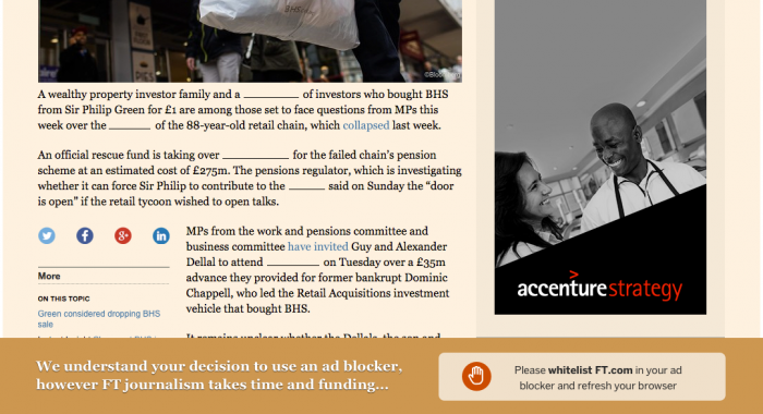 The Financial Times removed words from stories to convince readers to whitelist its site. 47% agreed