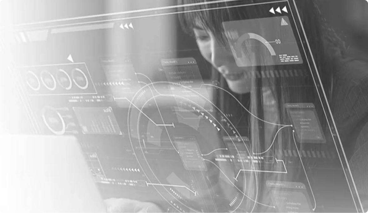 Black and white image of a woman overlaying a screen of data.