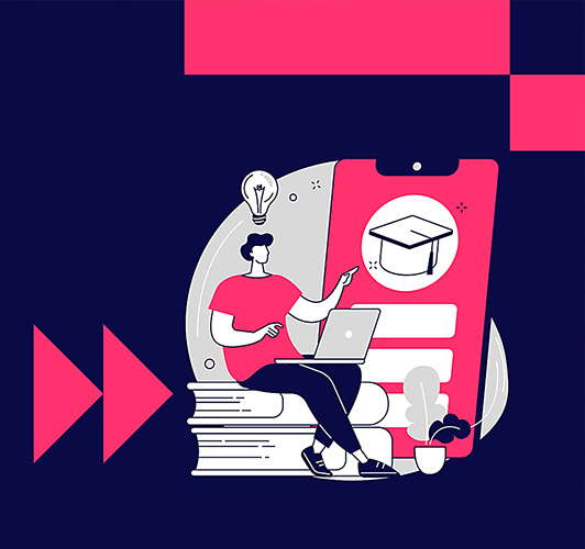 Illustration of a person sitting on books