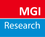 Mgi research logo on a red and blue background.