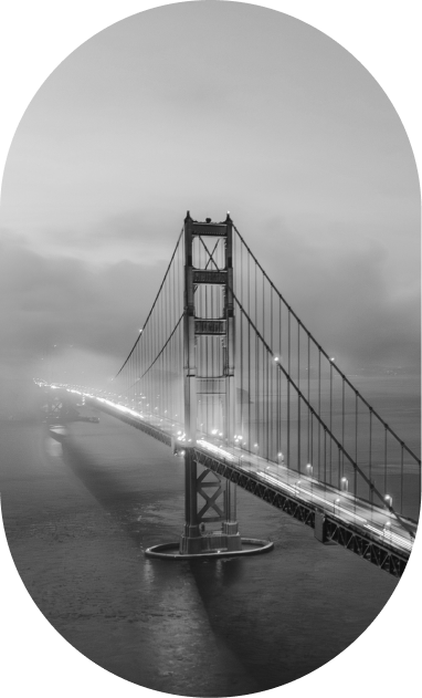 Monochromatic view of the golden gate bridge enveloped in mist.