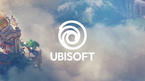 Ubisoft logo centered over a mystical landscape with cliffs and a traditional temple, surrounded by clouds.