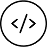 Black and white icon representing coding with angle brackets enclosing a forward slash.