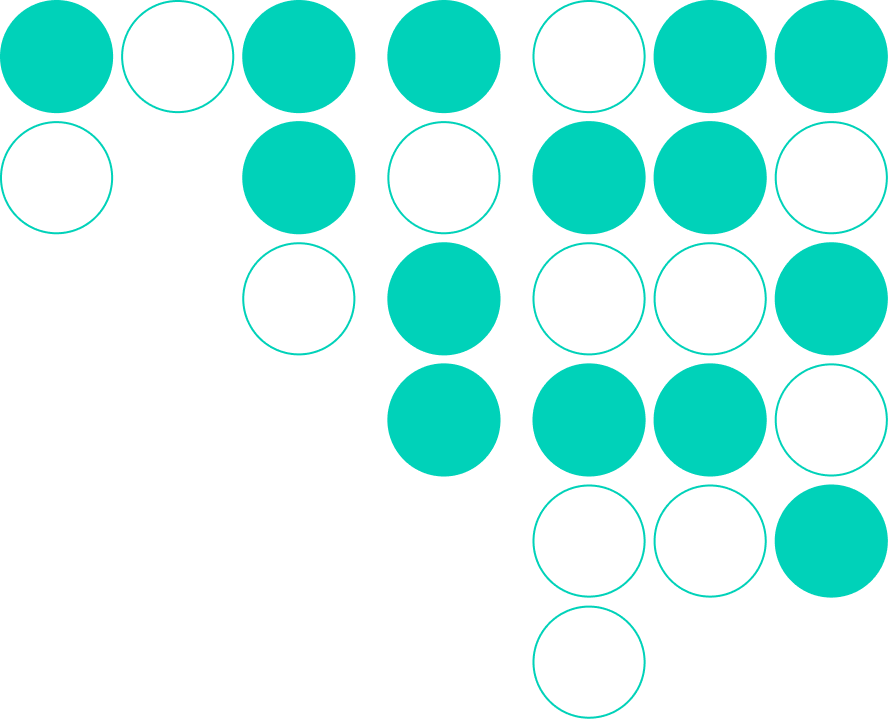 Abstract design of cyan circles in various sizes arranged randomly on a black background.
