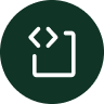 Ein rundes dunkelgrünes Symbol mit einem weißen Codesymbol (zwei spitze Klammern) und einem Teilbild einer Datei oder eines Dokuments.
