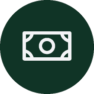 Icon of a paper currency bill in white on a dark green circular background.