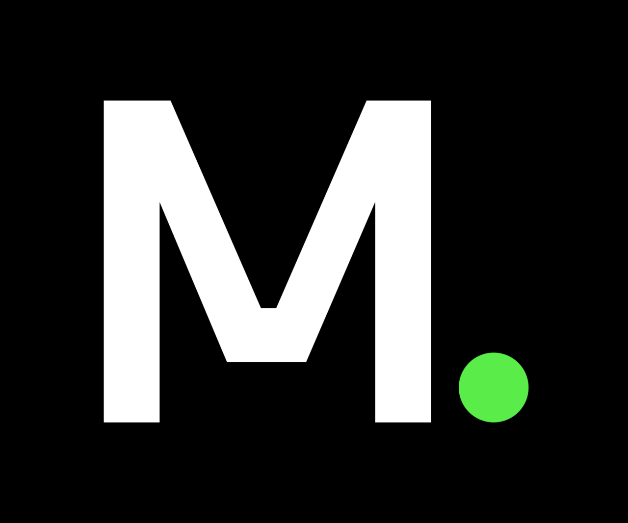 A large white letter "M" with a small green dot next to it on a black background.