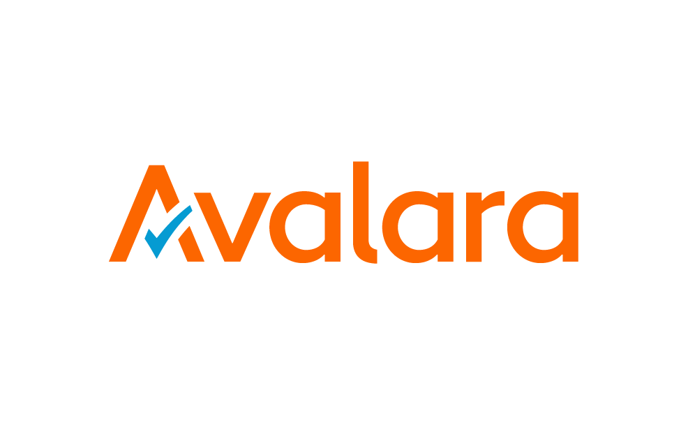 Logo of Avalara, featuring the company's name in orange letters with a blue check mark incorporated into the letter "A".