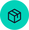 An icon of a closed cardboard box outlined in black on a teal circular background.