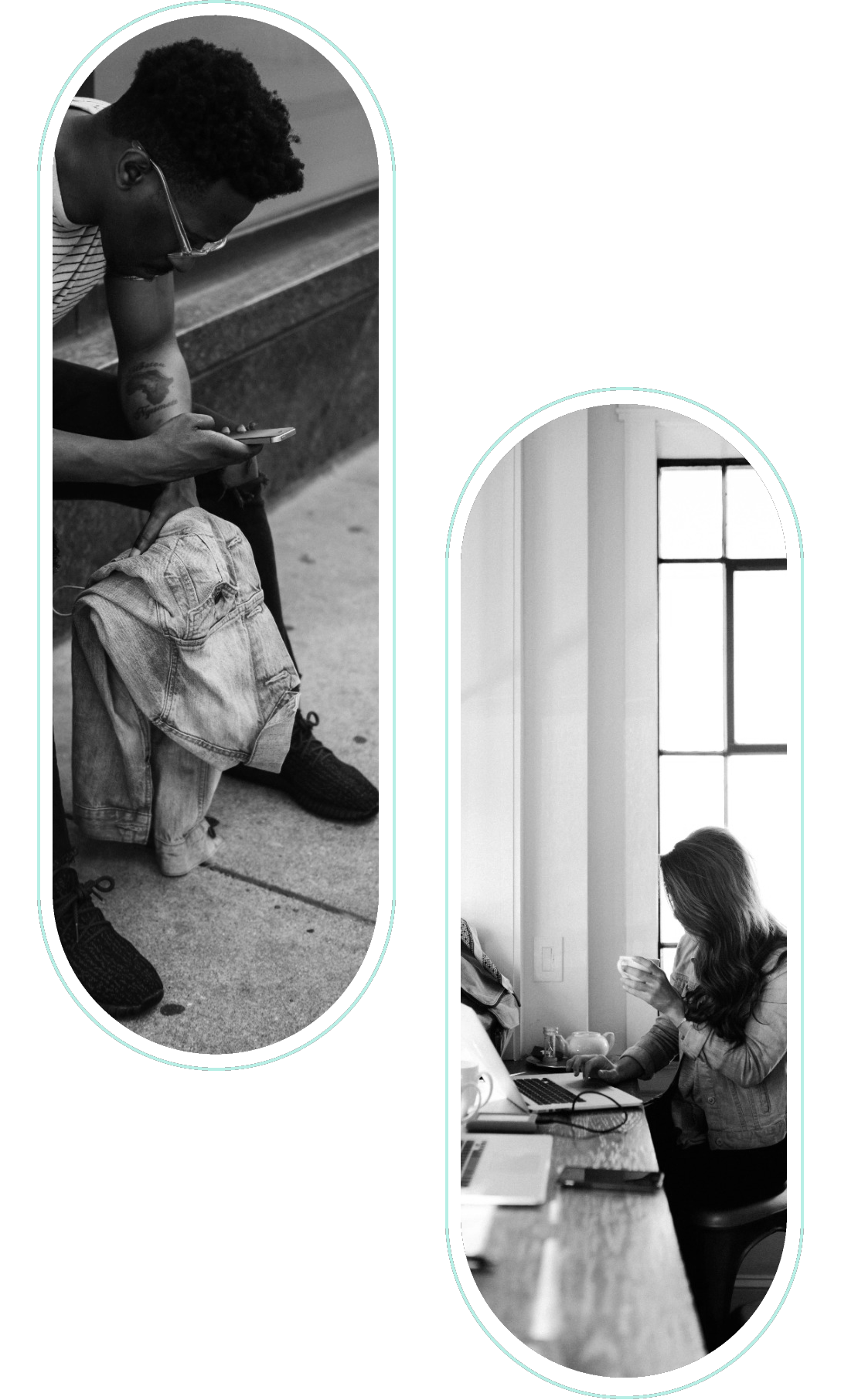 Black and white image showing two people; one sitting outside looking at their phone, and another person indoors working on a laptop and holding a cup.