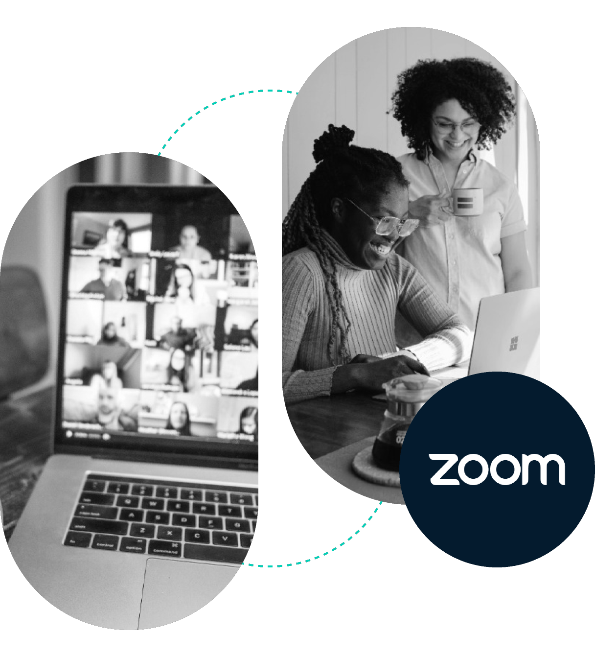 Black and white image showing a group video call on a laptop on the left and two people smiling while looking at a laptop on the right, with a Zoom logo at the bottom.