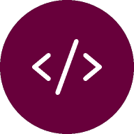 A maroon circle containing a white coding symbol.