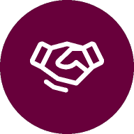 White icon of a handshake on a maroon circular background.