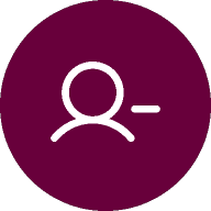 A white user icon with a minus sign on a maroon circular background.