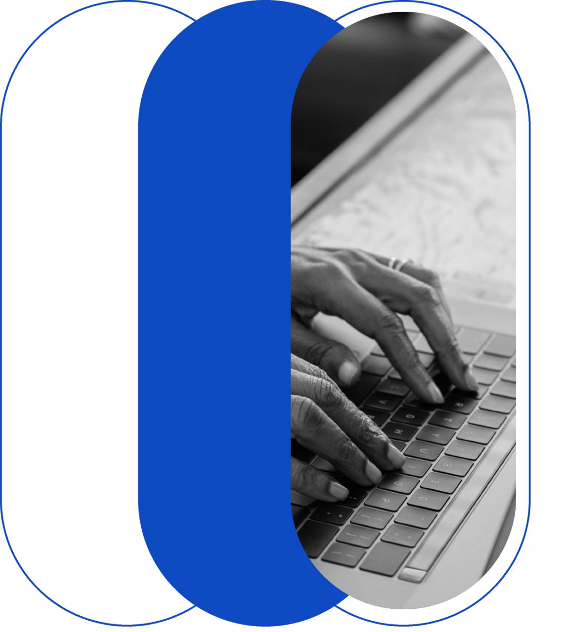 指に指輪をはめた人がノートパソコンのキーボードを打っています。画像は青と黒の楕円形で部分的に隠れています。