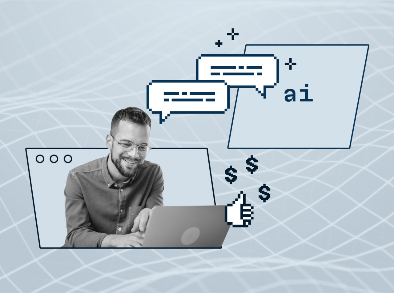 A man using a laptop with digital speech bubbles, a thumbs-up, and "ai" on a tech-themed background.