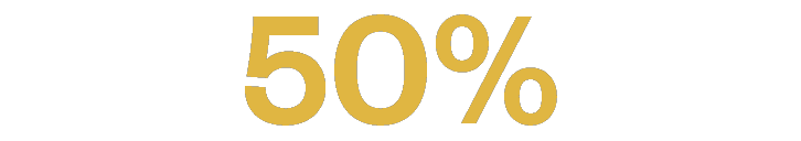 The image displays the number "50%" in large, bold, yellow font on a black background.