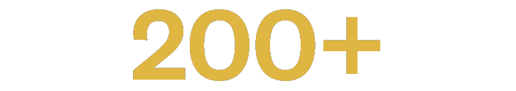 Yellow "200+" text on a black background.