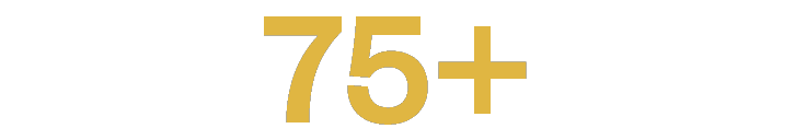 The image shows the number "75+" in large gold font on a black background.