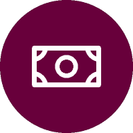Icon of a dollar bill in white on a dark purple circular background.