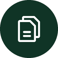 A white document icon with two overlapping pages on a dark green circular background.