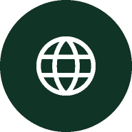 A white globe icon on a dark green circular background.