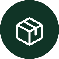 Icon of a white package box on a dark green circular background.