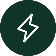White lightning bolt icon on a dark green circular background.