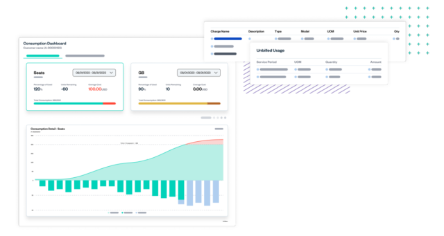 graphic of Zuora Billing usage-based metering dashboard displaying real-time usage graphs and reports.
