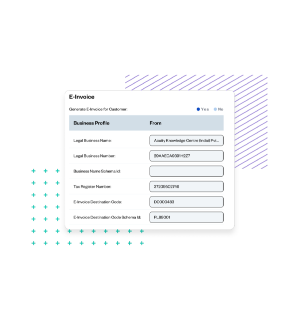 Interface screenshot showing Zuora Billing’s automated e-invoicing configuration panel with pre-integrated tax compliance fields.