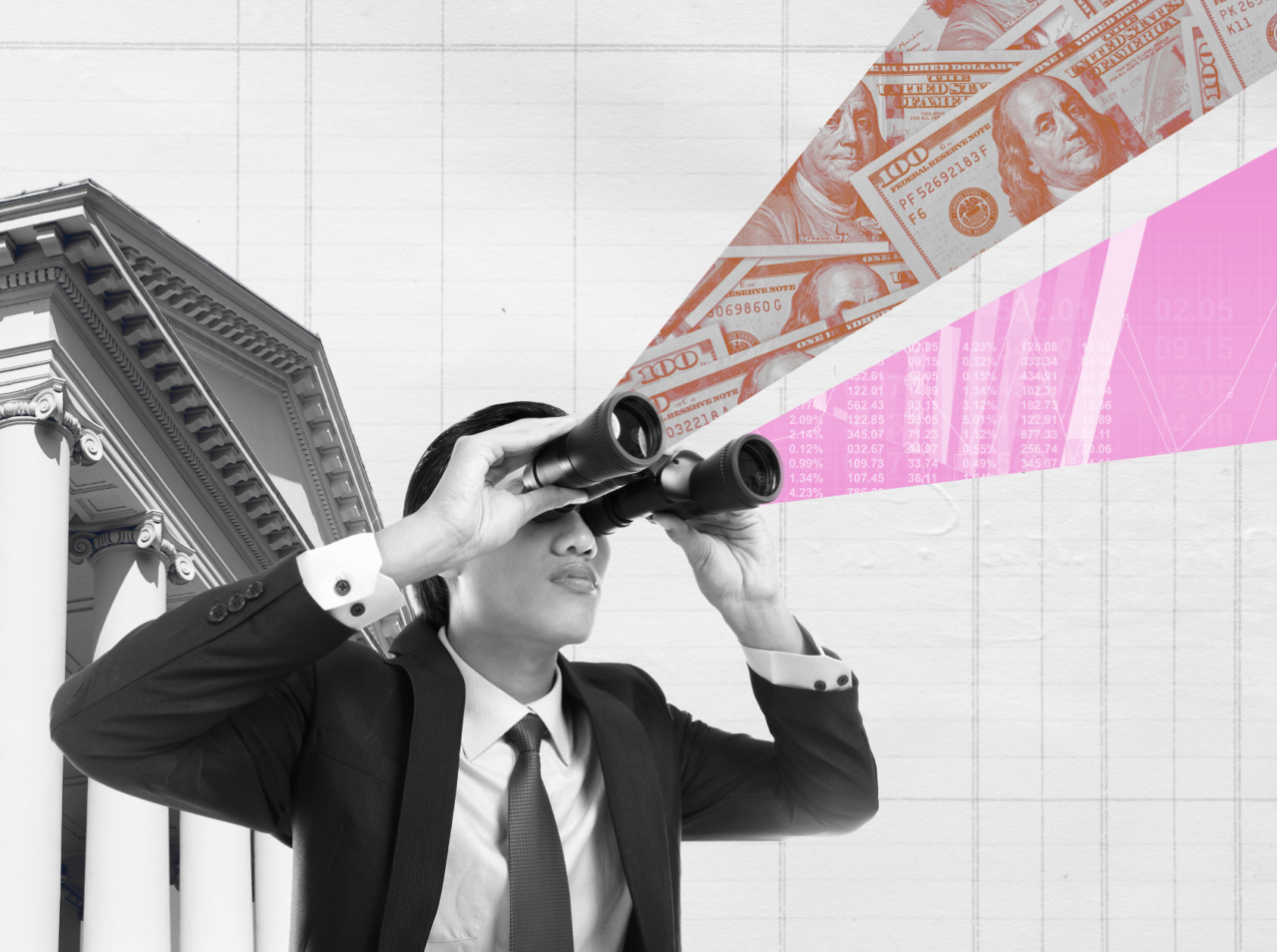 A man in a suit looks through binoculars towards beams containing US dollar bills and financial data, with a bank building's columns in the background.