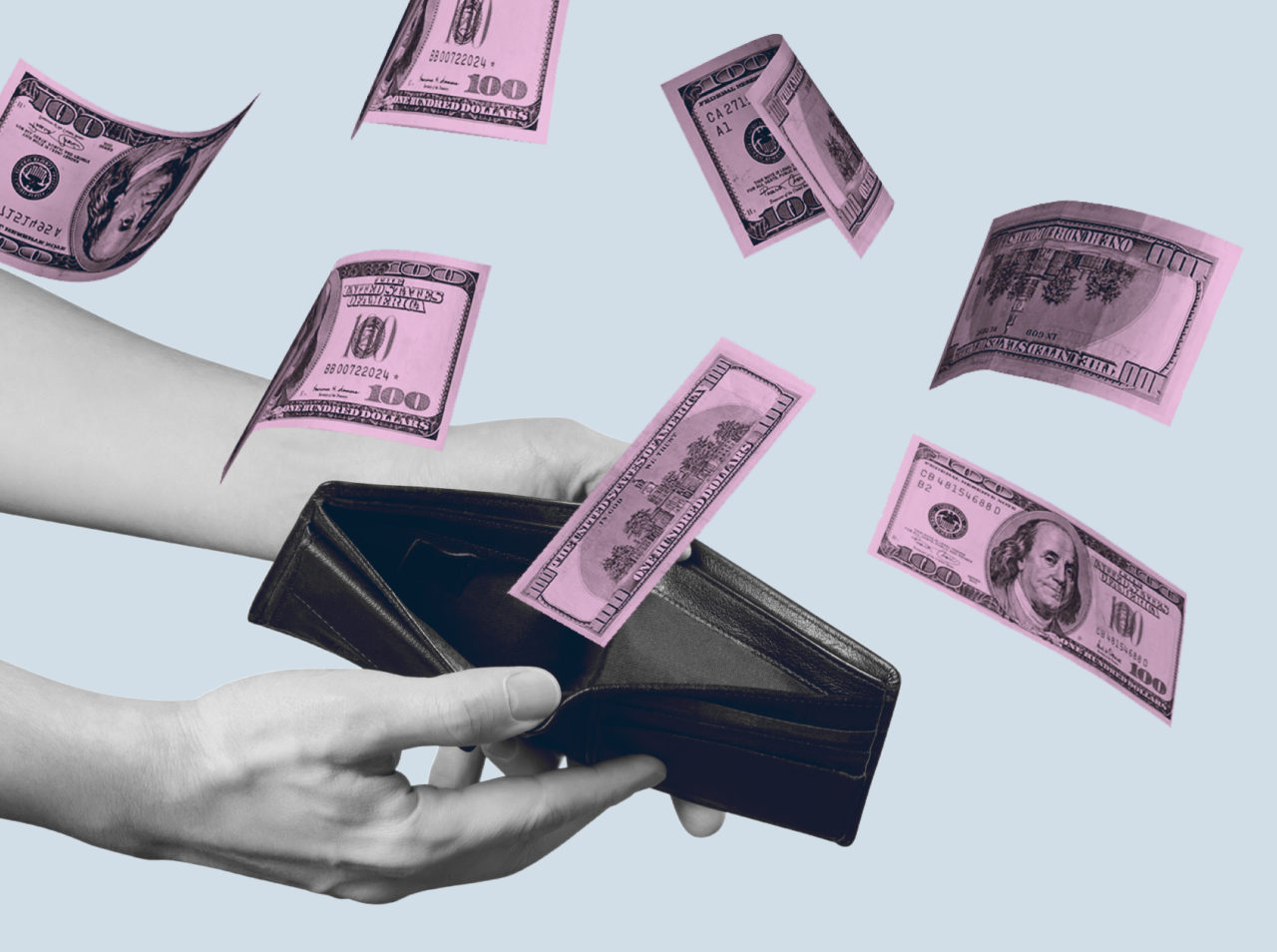 A person holds an open wallet as several US hundred-dollar bills float away, suggesting money leaving the wallet.