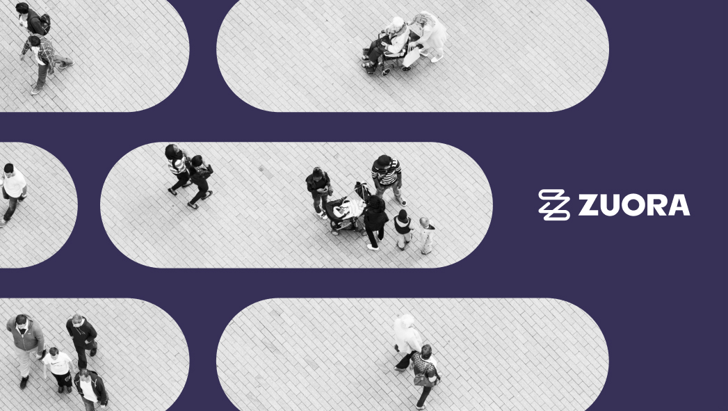 Aerial view of people walking and pushing strollers along a paved path, separated by dark blue shapes, with the Zuora logo and name on the right side.