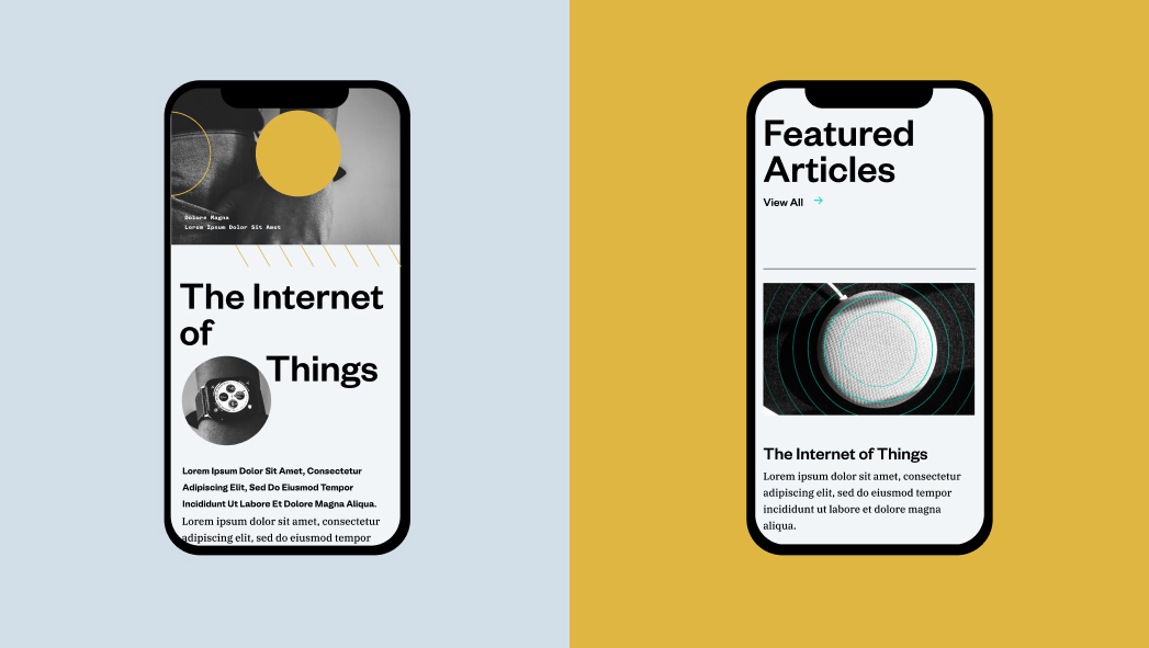 Two smartphones display articles about the Internet of Things, each with a circular image, a headline, and brief text on pastel-colored backgrounds.
