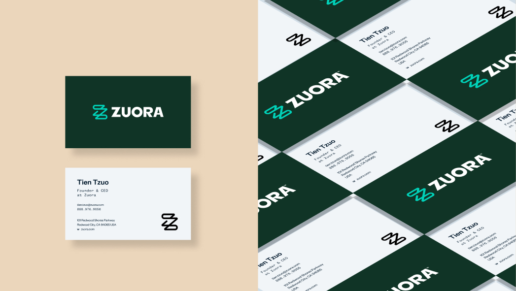 A set of Zuora business cards, displaying the company logo, name, and contact details on both dark green and white backgrounds.