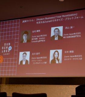 プレゼンテーションのスライドには、Zuora Japanから登壇した4人の講演者の名前、写真、肩書きが、「現代のビジネスとトータル・マネタイズ」というテーマで表示されている。.