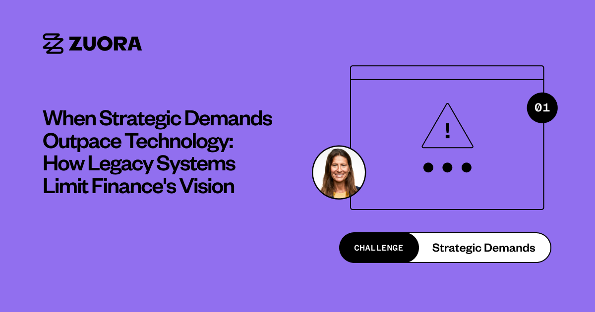 Une diapositive de présentation avec le titre "When Strategic Demands Outpace Technology : How Legacy Systems Limit Finance's Vision" et des graphiques représentant un symbole d'avertissement et une photo de profil.