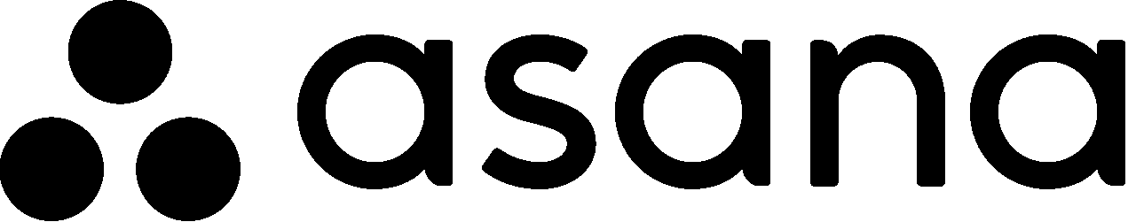 The Asana logo features three solid black dots arranged in a triangular shape to the left of the word "asana" in bold, lowercase black letters on a white background.
