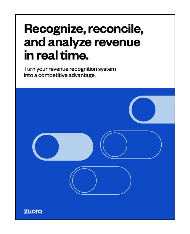 A marketing graphic with the text "Recognize, reconcile, and analyze revenue in real time" and abstract blue shapes, promoting Zuora's revenue recognition system.