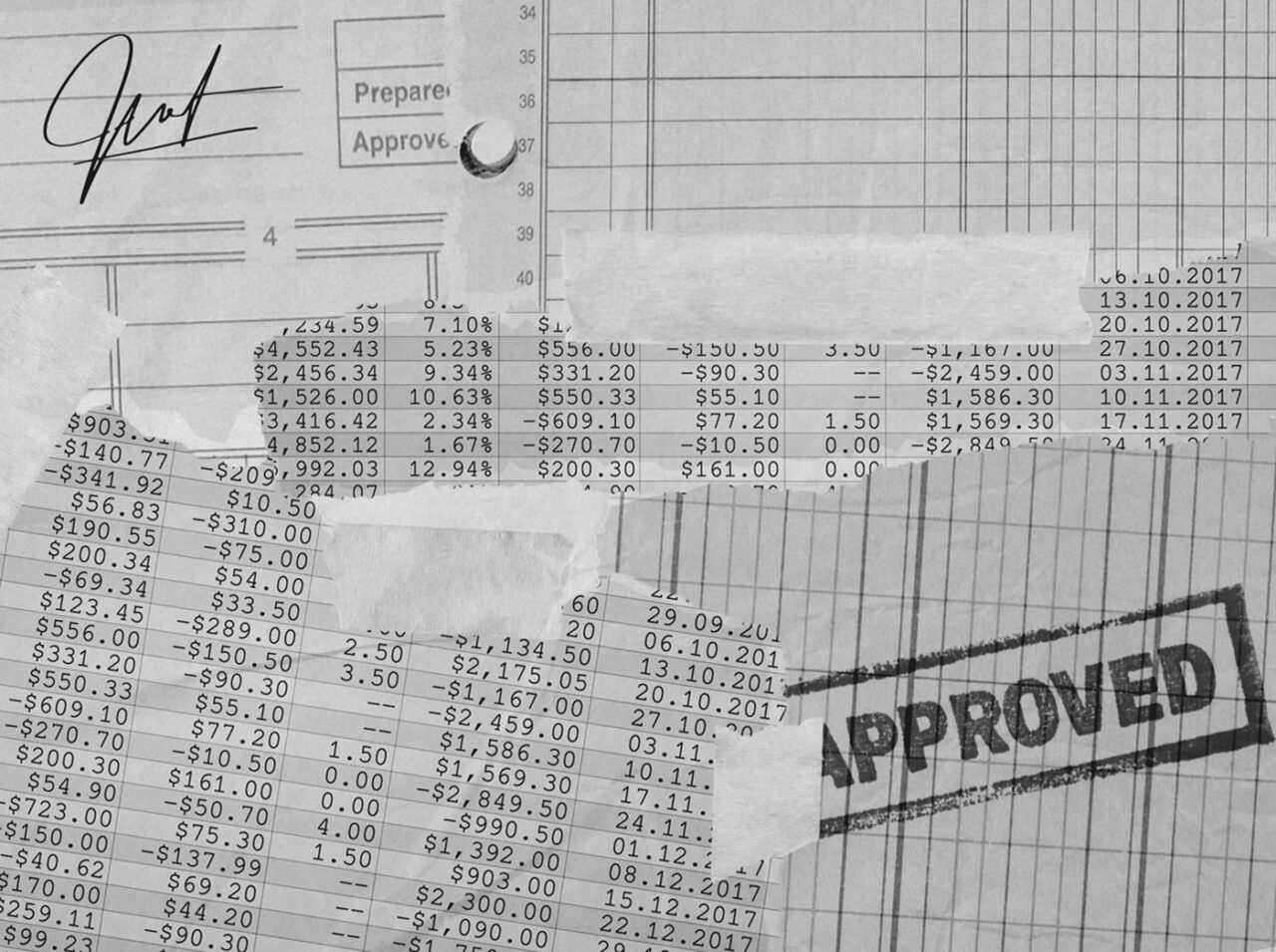 Collaged financial documents with printed numbers, subledgers, a signature, a checklist with "Approved" marked, and a large "APPROVED" stamp in bold letters.