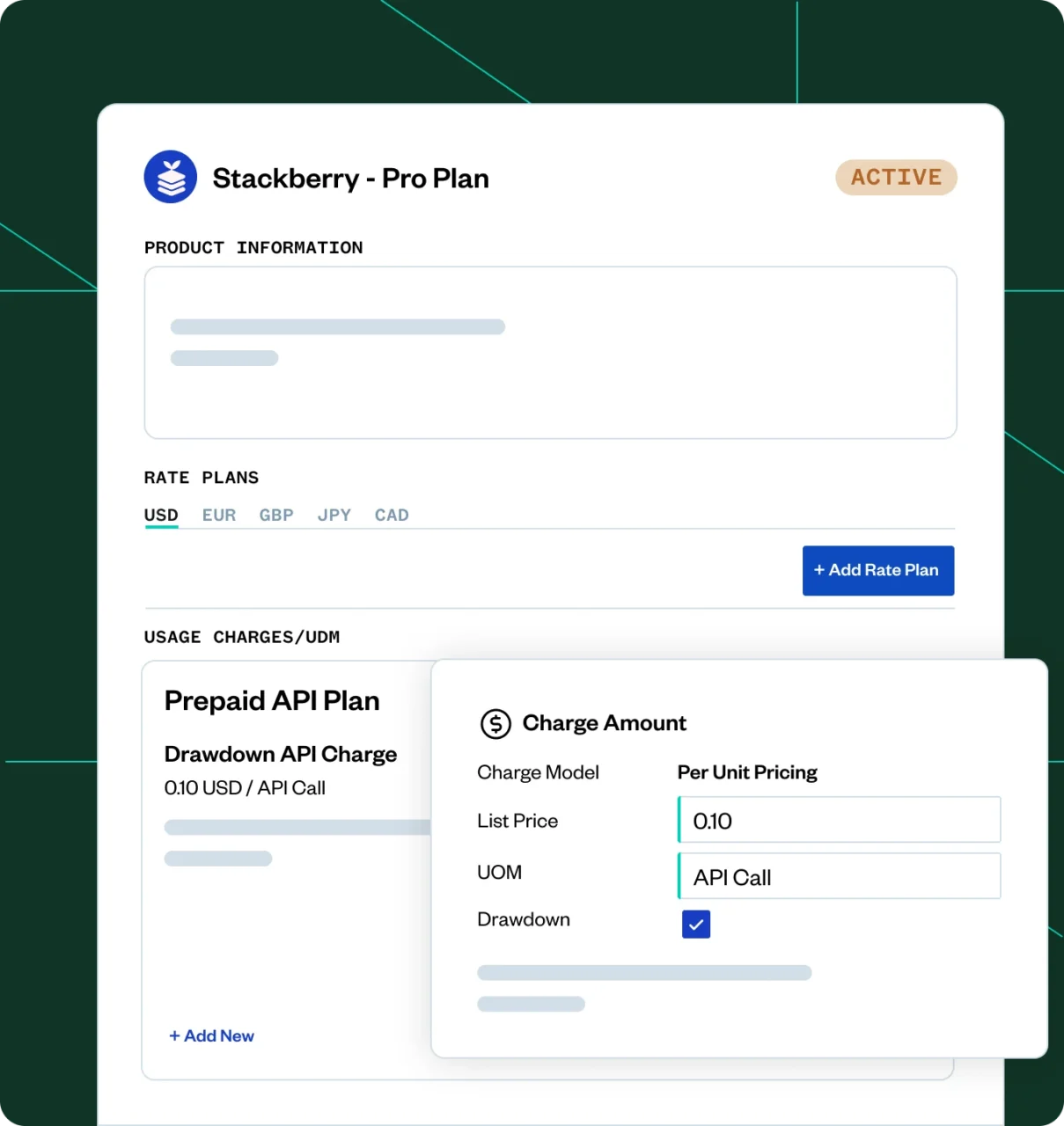 Stackberry – Pro Plan UI “Example of Zuora usage-based billing interface showing tiered and per-unit charge models.” Charge Amount popup “Detail view of per-unit pricing calculation in Zuora usage engine for API calls.”