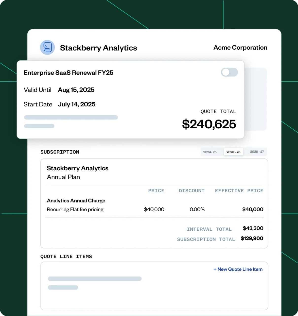 Example of Zuora automated quoting interface showing accurate pricing, order details, and quote total.
