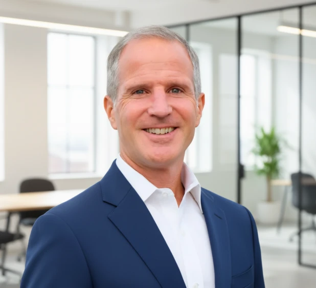 A middle-aged man in a navy suit and white shirt smiles while standing in a modern office with glass walls and natural light.