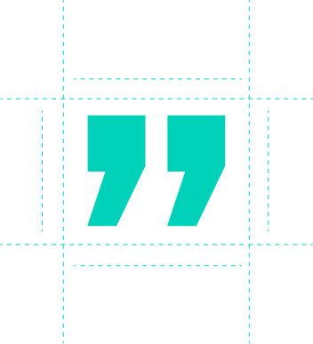 A large turquoise quotation mark symbol centered on a light gray background with dashed grid lines.