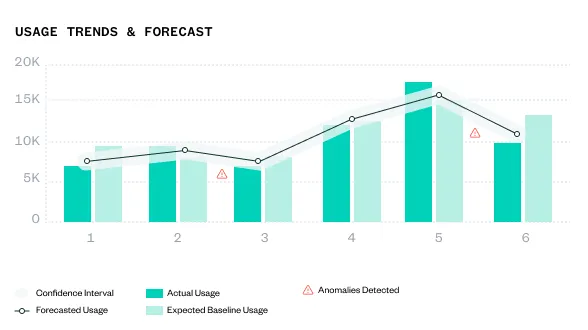 Bar and line graph showing usage trends and forecast over six periods, with actual usage, expected baseline, forecast, confidence interval, and detected anomalies marked.