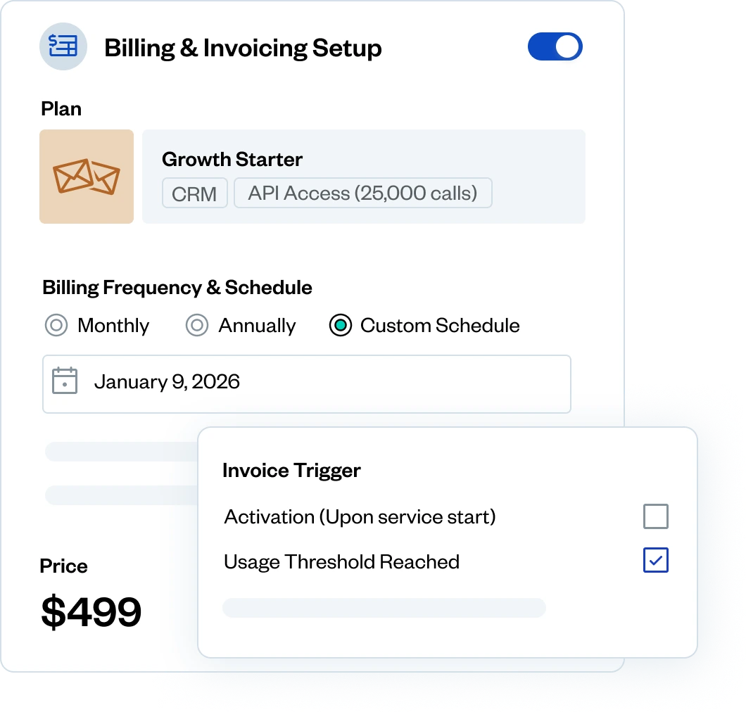 Billing and Invoicing Setup screen showing Growth Starter plan, custom billing schedule set to January 9, 2026, price $499, and invoice trigger options.