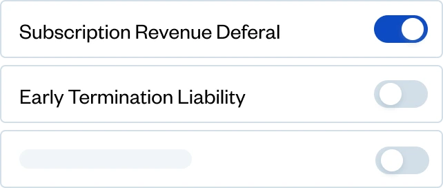 A settings menu with "Subscription Revenue Deferral" toggled on and "Early Termination Liability" toggled off.