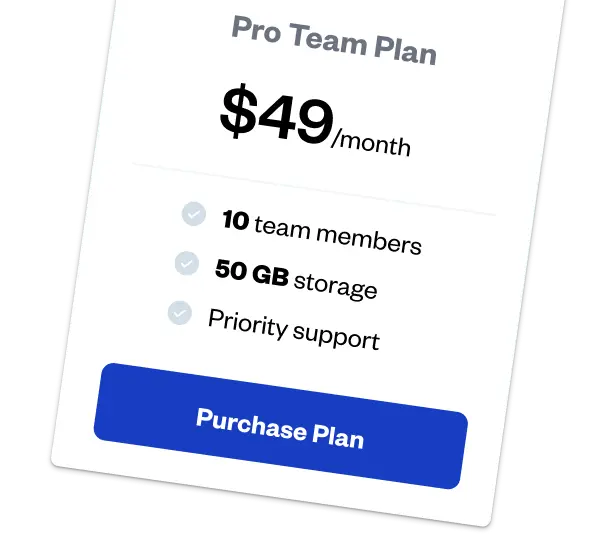 Pro Team Plan pricing card showing $49 per month for 10 team members, 50 GB storage, priority support, and a "Purchase Plan" button.