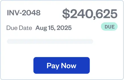 Invoice showing INV-2048, amount due $240,625, due date August 15, 2025, with a blue 'Pay Now' button.